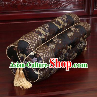 Chinese Traditional Household Accessories Classical Peony Pattern Black Brocade Plum Blossom Pillow