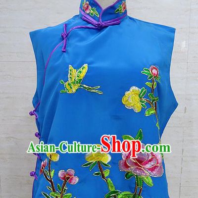 Chinese Traditional Beijing Opera Embroidered Peony Deep Blue Waistcoat Peking Opera Maidservants Costume for Adults