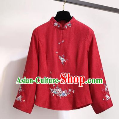 Chinese Traditional Costume Tang Suit Red Qipao Blouse Cheongsam Upper Outer Garment for Women