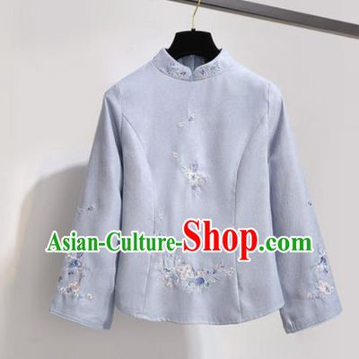 Chinese Traditional Costume Tang Suit Blue Qipao Blouse Cheongsam Upper Outer Garment for Women