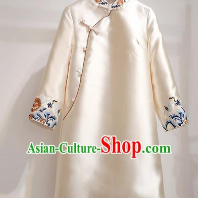 Chinese Traditional Tang Suit Costume Beige Satin Qipao Dress Cheongsam for Women