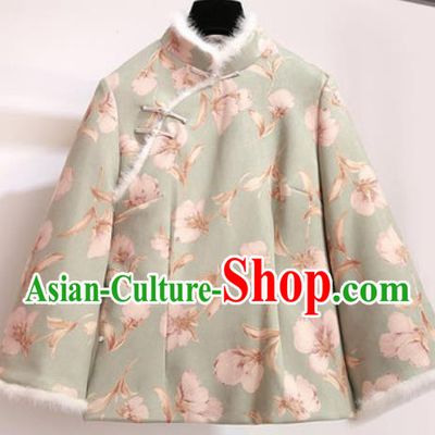 Chinese Traditional Costume Tang Suit Green Cotton Wadded Jacket Cheongsam Upper Outer Garment for Women