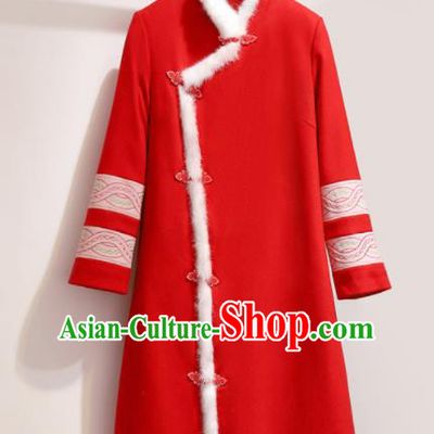 Chinese Traditional Costume Tang Suit Red Wool Coat Cheongsam Upper Outer Garment for Women