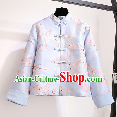 Chinese Traditional Costume Tang Suit Blue Jacket Cheongsam Upper Outer Garment for Women