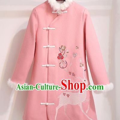 Chinese Traditional Costume Tang Suit Pink Dust Coat Cheongsam Upper Outer Garment for Women