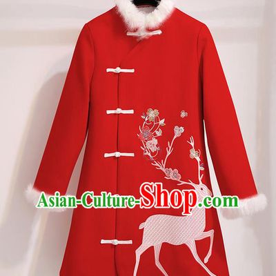 Chinese Traditional Costume Tang Suit Red Dust Coat Cheongsam Upper Outer Garment for Women
