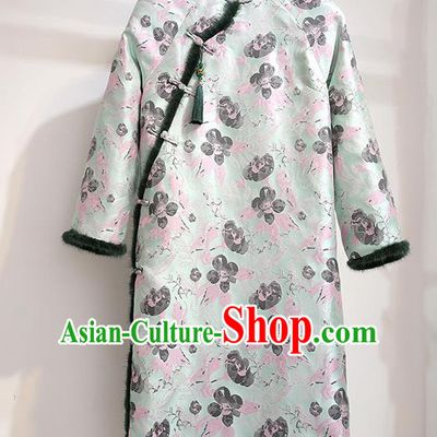 Chinese Traditional Tang Suit Costume Green Cotton Wadded Qipao Dress Cheongsam for Women