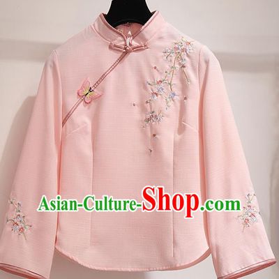 Chinese Traditional Costume Tang Suit Qipao Pink Blouse Cheongsam Upper Outer Garment for Women