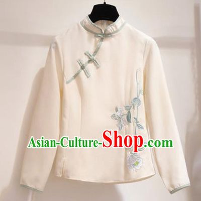 Chinese Traditional Costume Tang Suit Qipao Beige Blouse Cheongsam Upper Outer Garment for Women