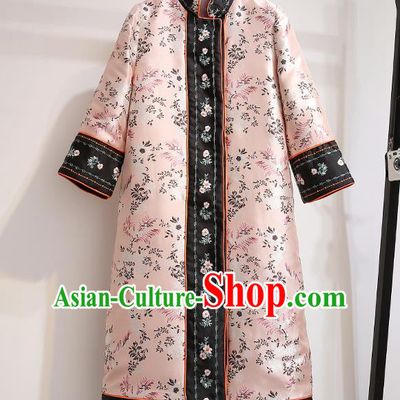 Chinese Traditional Costume Tang Suit Pink Silk Dust Coat Cheongsam Upper Outer Garment for Women