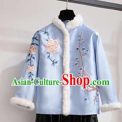 Chinese Traditional Costume Tang Suit Blue Silk Qipao Blouse Cheongsam Upper Outer Garment for Women