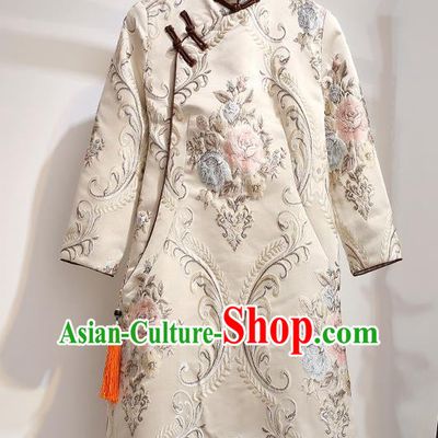 Chinese Traditional Costume Tang Suit Qipao Dress Beige Cheongsam for Women