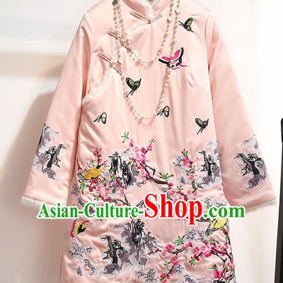 Chinese Traditional Costume Tang Suit Qipao Dress Embroidered Plum Blossom Pink Cheongsam for Women