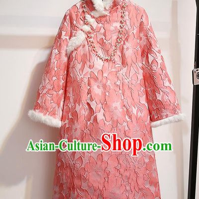 Chinese Traditional National Costume Tang Suit Qipao Dress Pink Cheongsam for Women