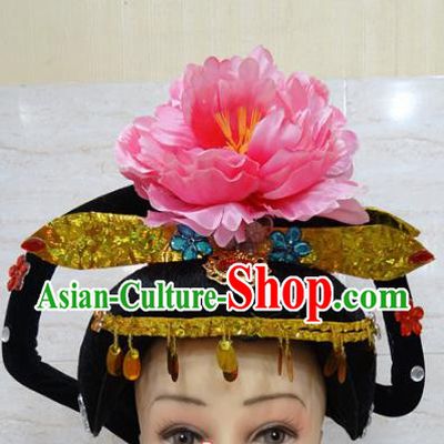 Chinese Traditional Beijing Opera Actress Hair Accessories Ancient Queen Pink Peony Hairpins and Wigs for Adults