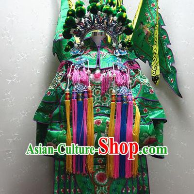 Chinese Traditional Beijing Opera Female General Green Embroidered Clothing Peking Opera Mu Guiying Costume for Adults