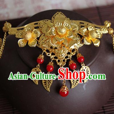 Chinese Traditional Wedding Hair Accessories Ancient Princess Golden Peony Tassel Hair Comb for Women