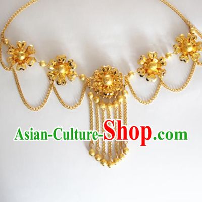 Chinese Traditional Wedding Hair Accessories Ancient Princess Golden Flowers Eyebrows Pendant Frontlet for Women
