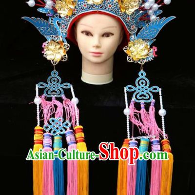 Chinese Traditional Beijing Opera Queen Hair Accessories Ancient Imperial Consort Blue Phoenix Coronet
