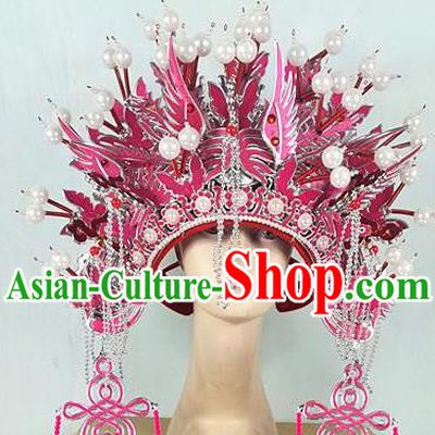 Chinese Traditional Beijing Opera Imperial Consort Hair Accessories Ancient Bride Pink Phoenix Coronet Headwear