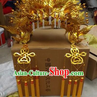 Chinese Traditional Beijing Opera Golden Phoenix Coronet Hair Accessories Ancient Imperial Consort Bride Headwear