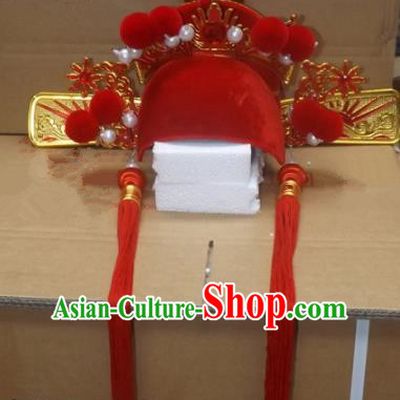Chinese Traditional Beijing Opera Number One Scholar Headwear Ancient Bridegroom Red Tassel Hat