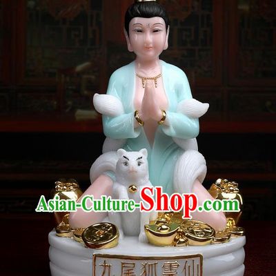 Chinese Traditional Religious Supplies Feng Shui Green Gumiho Goddess Statue Taoism Decoration