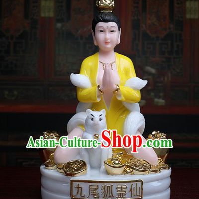 Chinese Traditional Religious Supplies Feng Shui Yellow Gumiho Goddess Statue Taoism Decoration