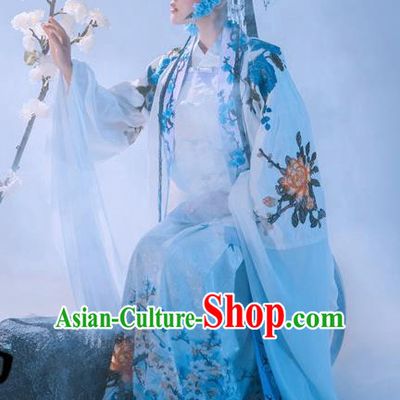 Chinese Ancient Drama Blue Hanfu Dress Traditional Beijing Opera Historical Costume and Headpiece Complete Set