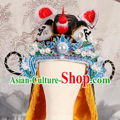Chinese Traditional Beijing Opera Takefu Headwear Ancient Warrior Black Tiger Head Hat