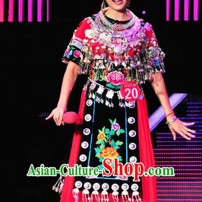 Chinese Traditional Miao Nationality Folk Dance Red Costume Hmong Ethnic Wedding Pleated Skirt for Women