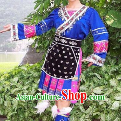 Chinese Traditional Miao Nationality Folk Dance Blue Costume Hmong Ethnic Pleated Skirt for Women