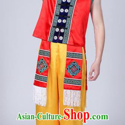 Chinese Traditional Zhuang Nationality Male Red Costume Ethnic Folk Dance Clothing for Men