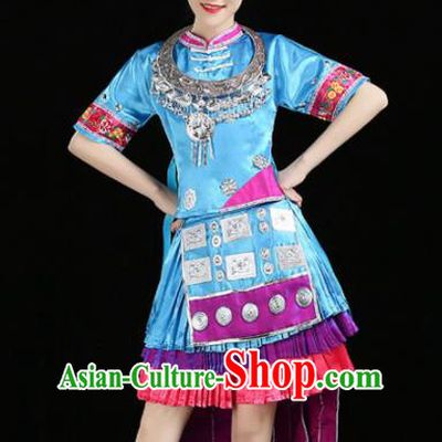 Chinese Traditional Yi Nationality Costume Ethnic Folk Dance Blue Pleated Skirt for Women