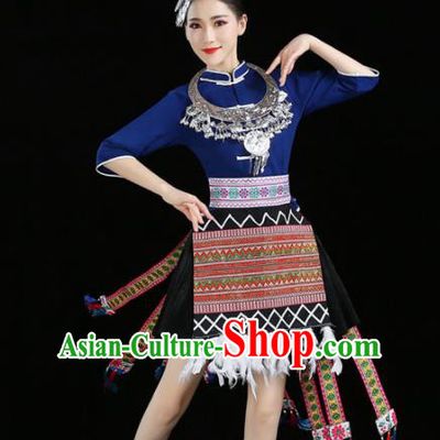 Chinese Traditional Tujia Nationality Costume Ethnic Folk Dance Pleated Skirt for Women