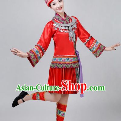 Chinese Traditional Dong Nationality Costume Ethnic Folk Dance Red Pleated Skirt for Women