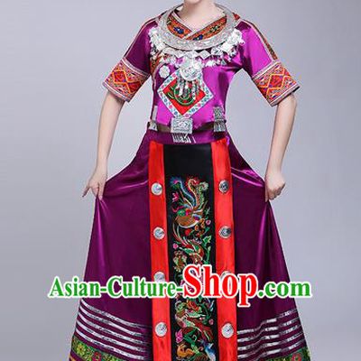 Chinese Traditional Miao Nationality Female Costume Ethnic Folk Dance Purple Dress for Women