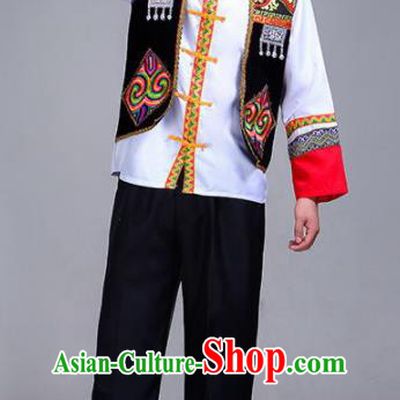 Chinese Traditional Zhuang Nationality Male Costume Ethnic Folk Dance Black Clothing for Men
