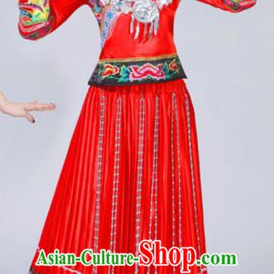 Chinese Traditional Miao Nationality Female Costume Ethnic Folk Dance Bride Red Pleated Skirt for Women