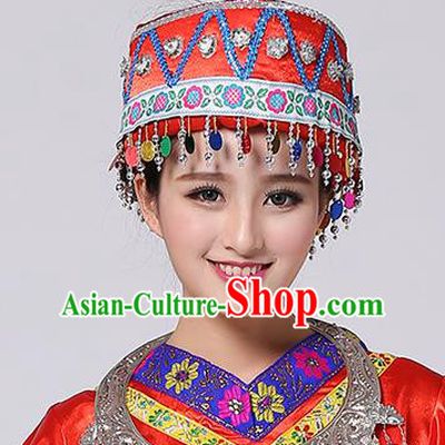 Chinese Traditional Miao Nationality Hair Accessories Hmong Bride Red Hat for Women