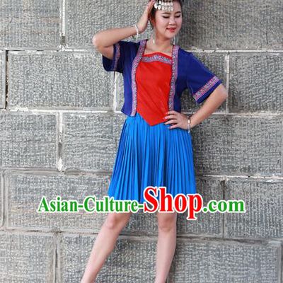Chinese Traditional Miao Nationality Costume Ethnic Folk Dance Blue Dress for Women