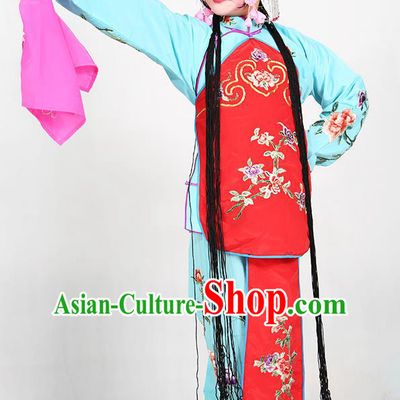Traditional Chinese Beijing Opera Children Blue Costume Peking Opera Maidservants Red Vest Clothing for Kids