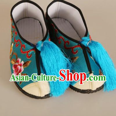 Asian Chinese Beijing Opera Shoes Blue Embroidered Shoes Traditional Peking Opera Diva Shoes