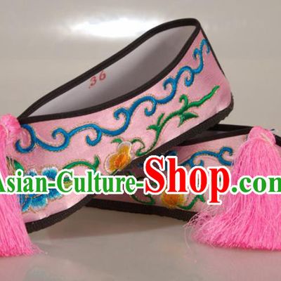 Asian Chinese Beijing Opera Shoes Pink Embroidered Shoes Traditional Peking Opera Diva Shoes