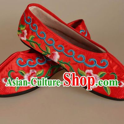 Asian Chinese Beijing Opera Shoes Embroidered Shoes Traditional Peking Opera Diva Red Satin Shoes