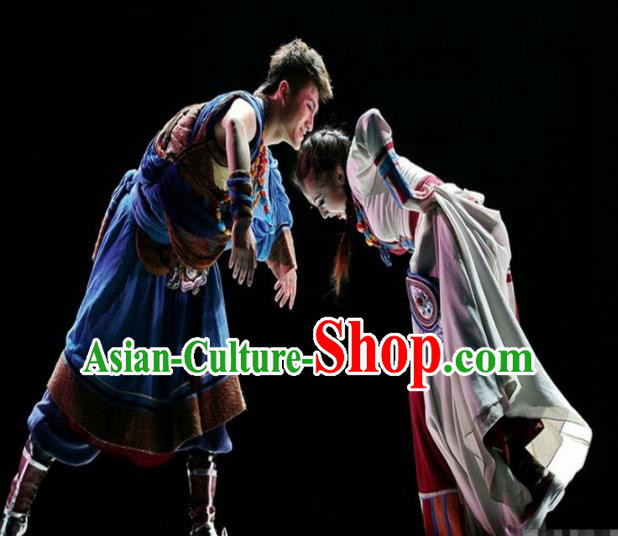 Traditional Chinese Classical Dance Costume China Tibetan Ethnic Couple Dance Clothing Complete Set