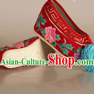 Asian Chinese Beijing Opera Shoes Princess Red Embroidered Shoes Traditional Peking Opera Diva Shoes