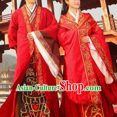 Traditional Chinese Han Dynasty Red Hanfu Dress Ancient Bride and Bridegroom Wedding Historical Costume Complete Set