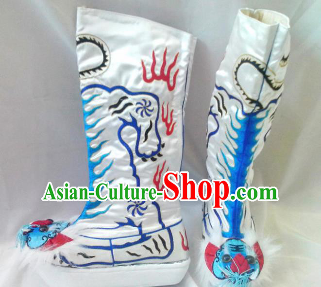 Asian Chinese Beijing Opera Shoes Embroidered Tiger Boots Traditional Peking Opera Takefu White Boots Asian Chinese Beijing Opera Shoes Embroidered Tiger Boots Traditional Peking Opera Takefu White Boots