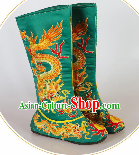 Asian Chinese Beijing Opera Shoes Emperor Green Embroidered Boots Traditional Peking Opera Shoes